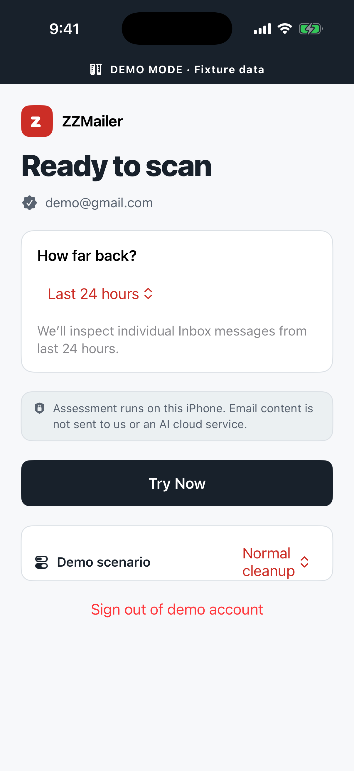 ZZMailer Ready to scan screen