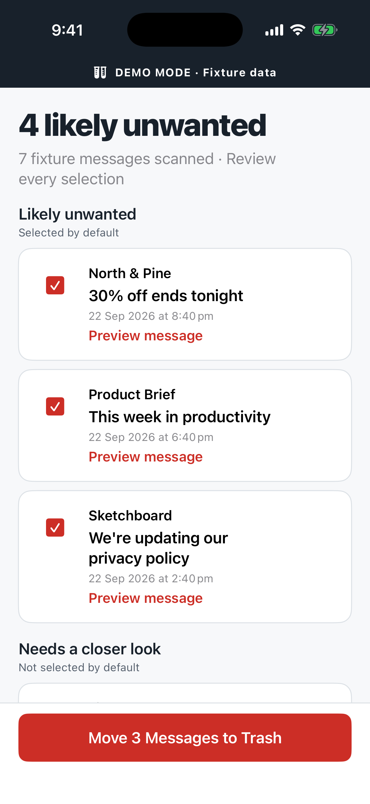 ZZMailer review screen with likely unwanted messages selected